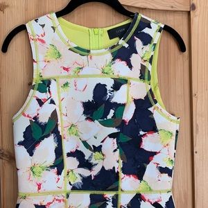 J Crew Neon Lime Acid 🥝 Green Trim Flower Floral Scuba Dress Blue Pink Ivory 🌴